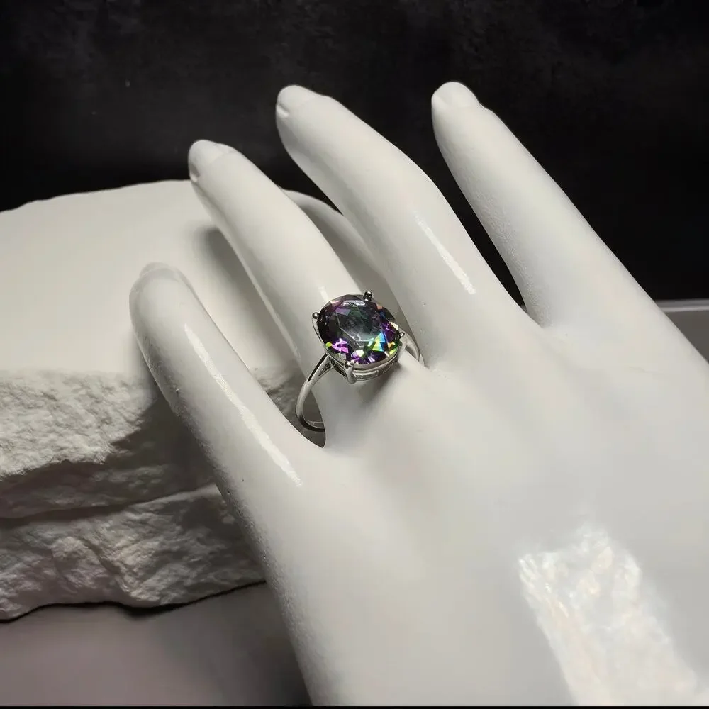 Genuine Oval Mystic Topaz Solitaire Ring in 925 Sterling Silver – Size 8